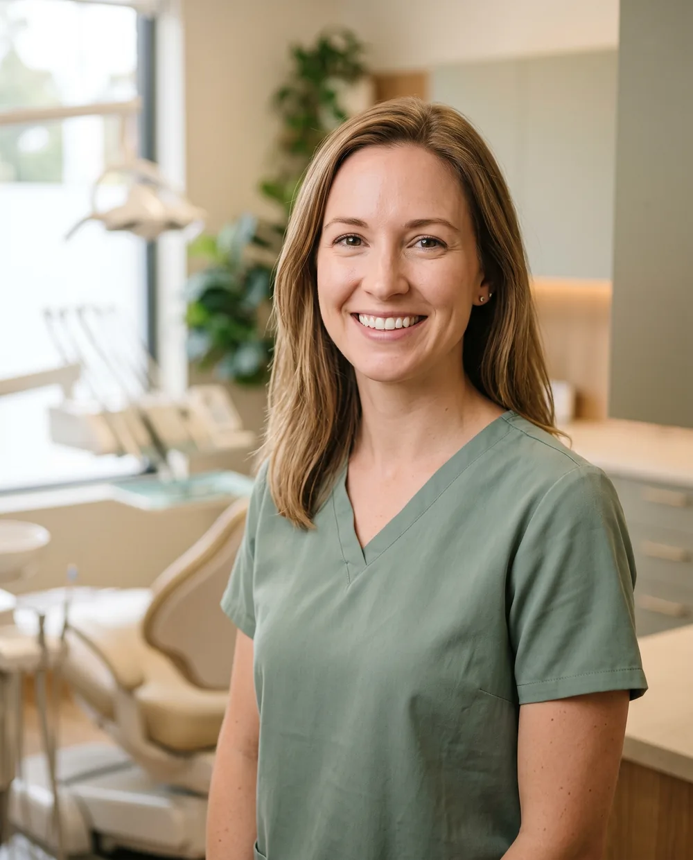 Placeholder portrait: a dentist in the practice's treatment room. Dr. Woytych's own photograph is to follow.